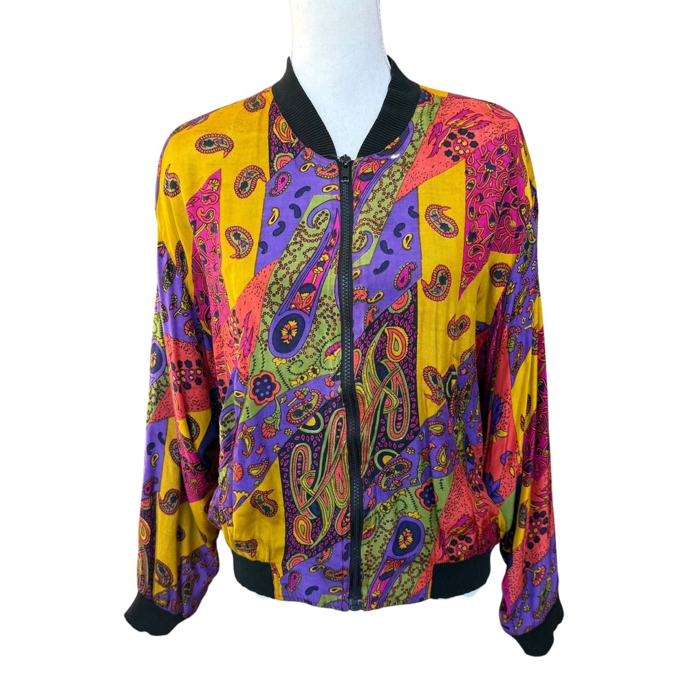 Vintage Ride Paisley Patchwork Bomber Jacket Multi-Color Full‎ Zip Women L